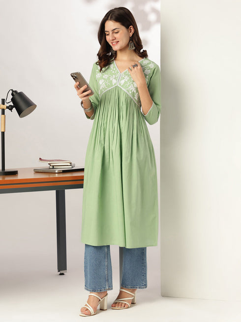 Janasya Women's Light Green Pure Cotton Yoke Embroidered A-line Kurta